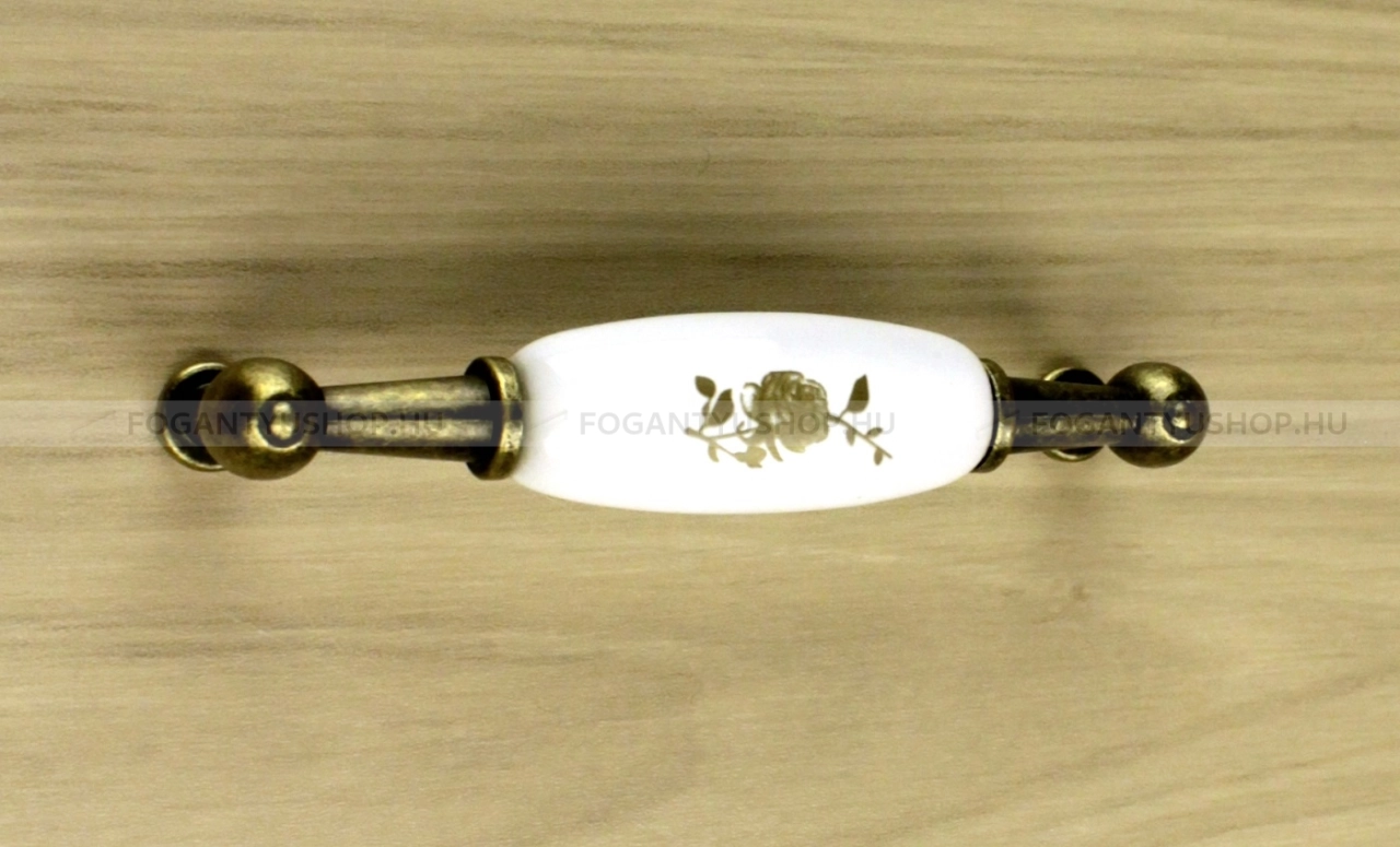 GRIMME Bútor fogantyú - 96 FG08890236.02 - furattáv 96 mm - Fehér belo, Antikolt bronz  - Zamak fém ötvözet, Porcelán - Porcelánnal kombinált antikolt fém bútorfogantyú