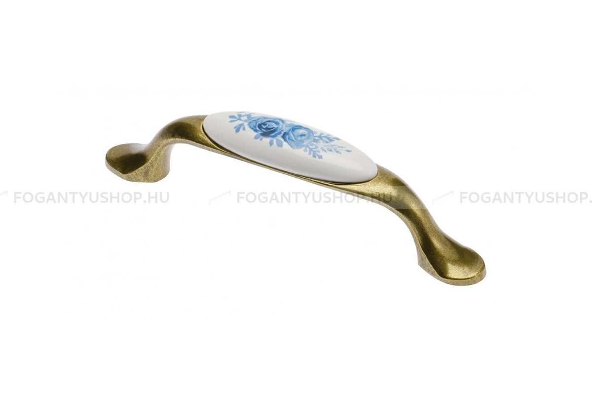 GTV Fogantyú - 728P virágmintás - furattáv 96 mm - Antik bronz - Kék virágmintás - Alumínium - Porcelánnal kombinált antikolt fém bútorfogantyú