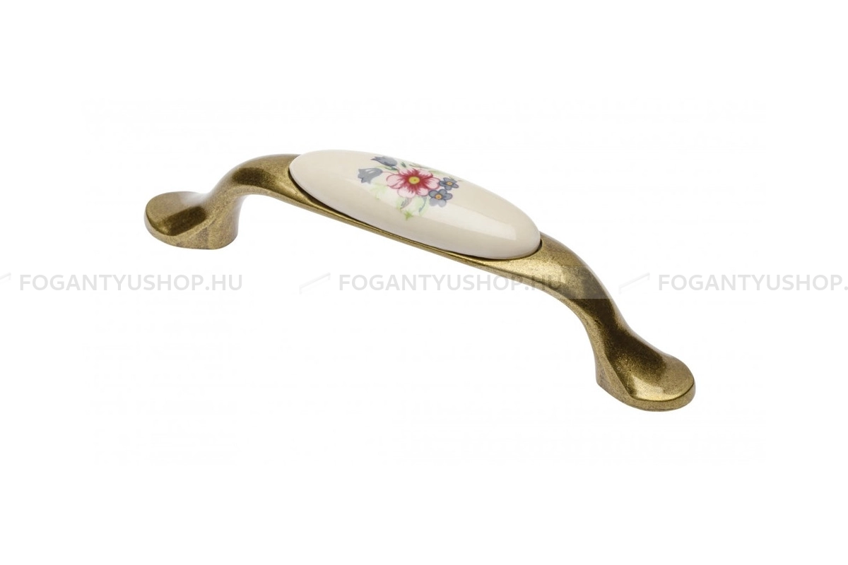 GTV Bútorfogantyú - 728P lila virágmintás - furattáv 96 mm - Antik bronz - Lila virágmintás - Alumínium - Porcelánnal kombinált antikolt fém bútorfogantyú