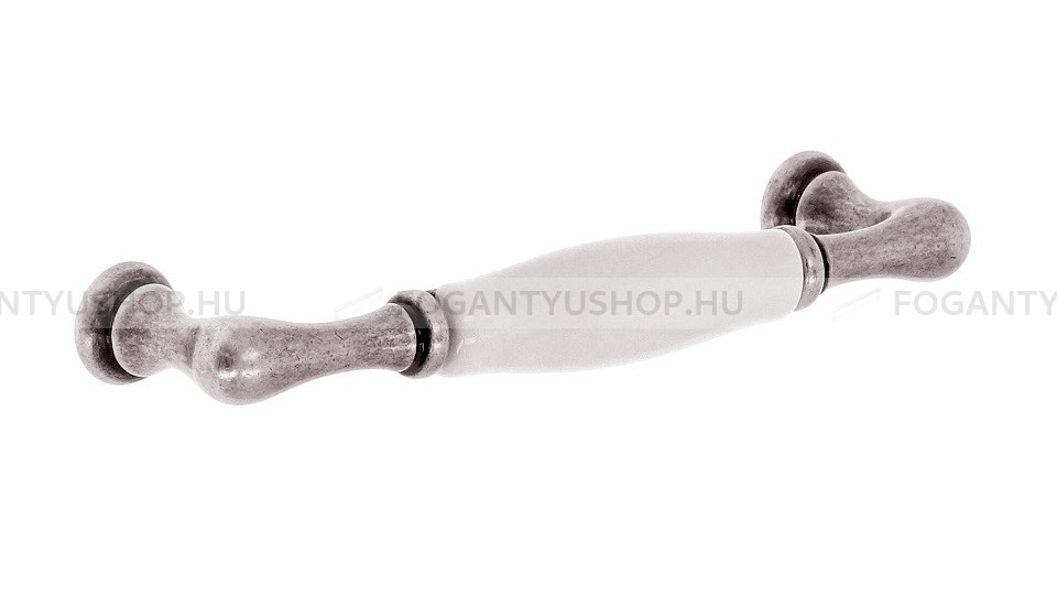 GIUSTI Fogantyú - 96 M62010015G - furattáv 96 mm - Fehér belo, Antik ezüst  - Zamak fém ötvözet, Porcelán - Porcelánnal kombinált antikolt fém bútorfogantyú