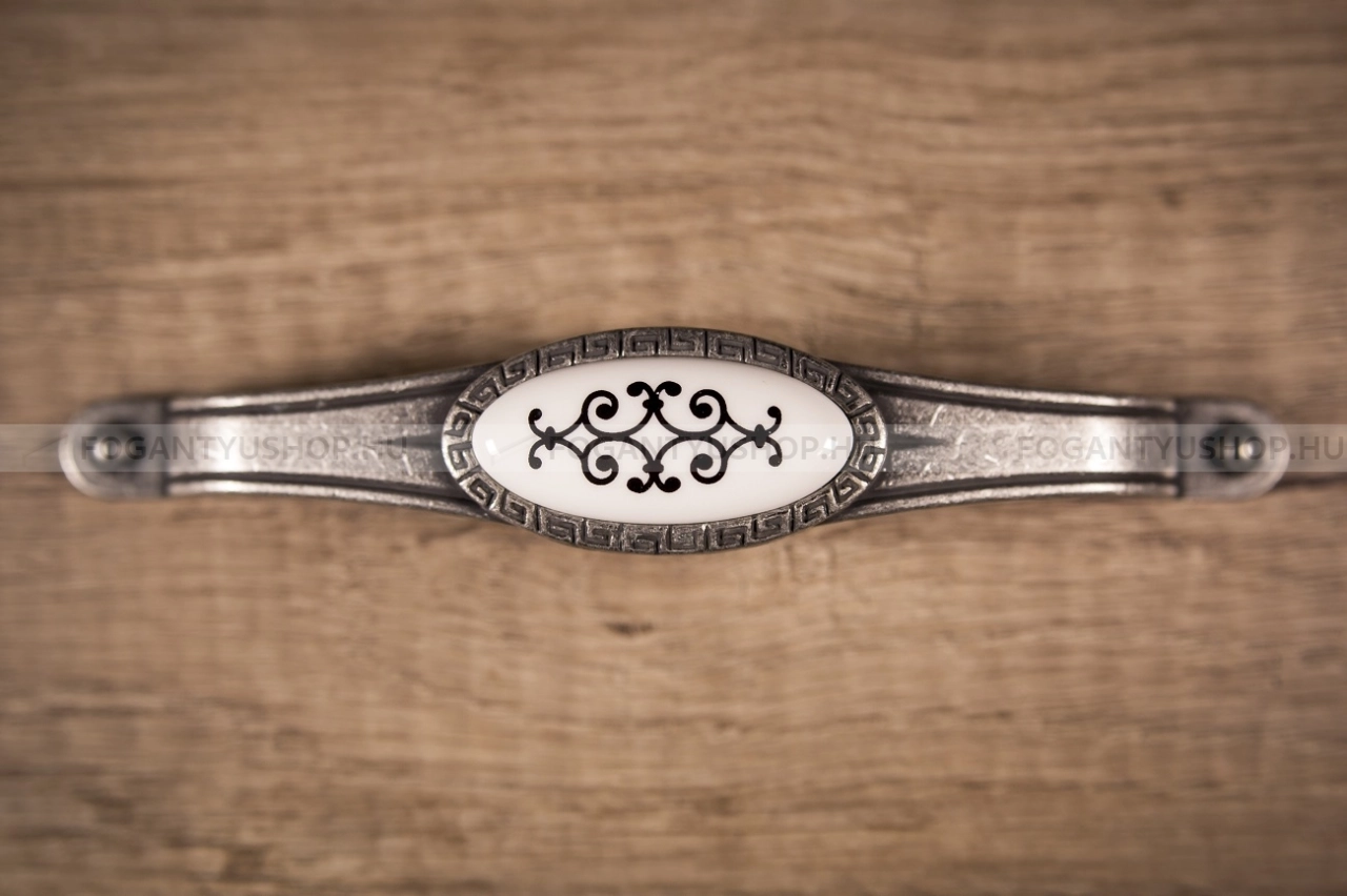 TOMURCUK Bútor fogantyú - 1000 128 - furattáv 128 mm - Fehér belo, Antik ezüst , Fekete - Zamak fém ötvözet, Porcelán - Porcelánnal kombinált antikolt fém bútorfogantyú