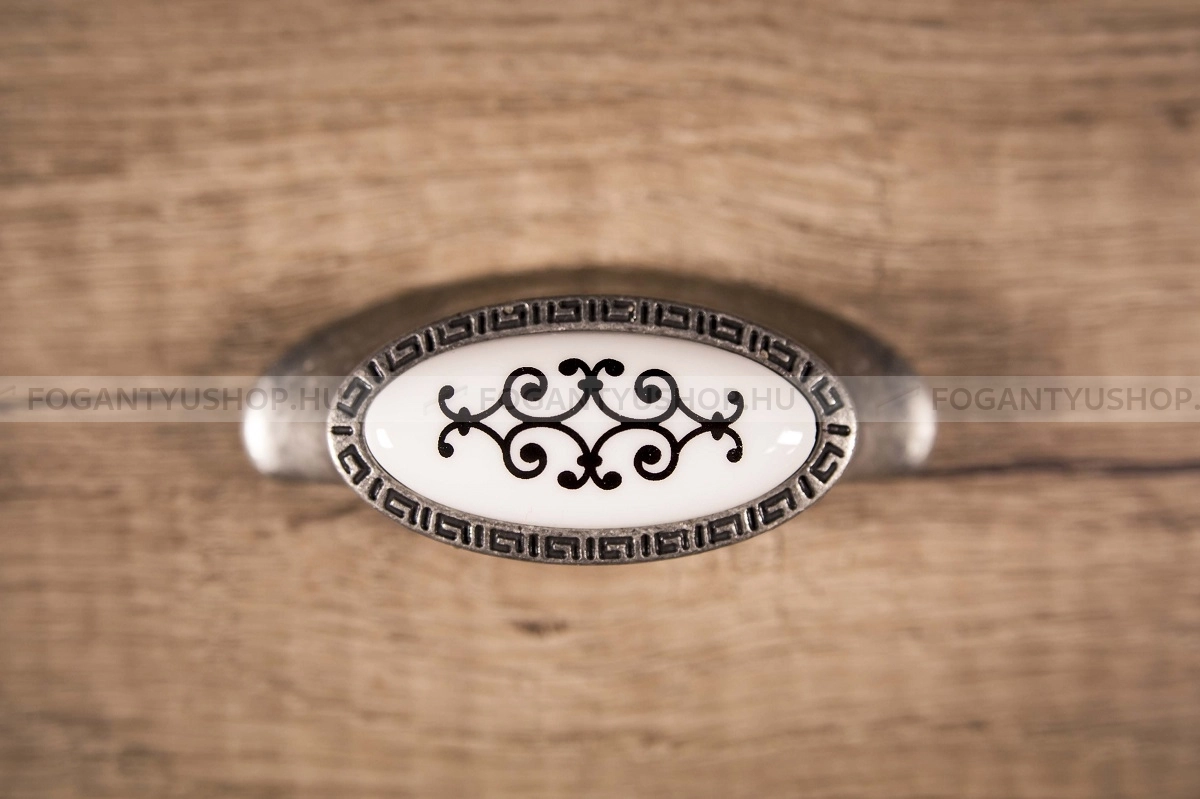 TOMURCUK Bútorfogantyú - 1000 64 - furattáv 64 mm - Fehér belo, Antik ezüst , Fekete - Zamak fém ötvözet, Porcelán - Porcelánnal kombinált antikolt fém bútorfogantyú