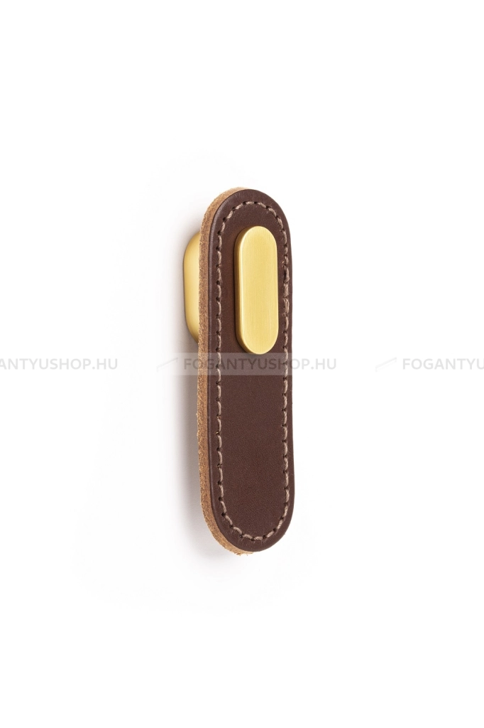 VIEFE Bútor fogantyú - OBLONG - Barna bőr + fényes arany P3628 - Zamak fém ötvözet, Bőr - Bőrrel kombinált fém bútorfogantyú