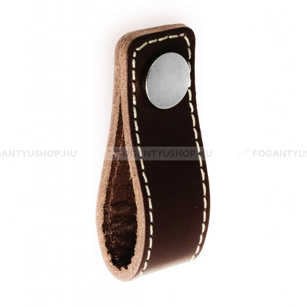 RUJZ DESIGN Bútor fogantyú - 855.25 - Fényes króm Cr, Sötétbarna bőr  - Zamak fém ötvözet, Bőr - Bőrrel kombinált fém bútorfogantyú