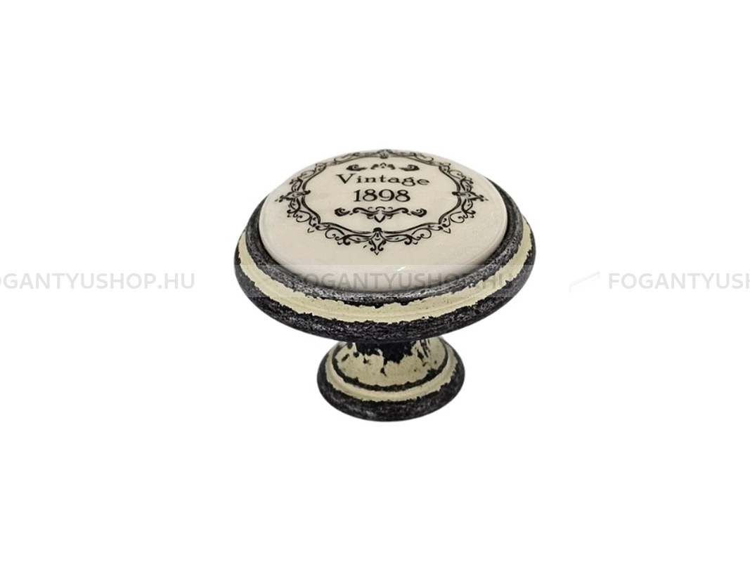 GIUSTI Gombfogantyú - P7701Q3C2G - 1 furatos - Vintage koptatott fekete Vint, Fehér belo - Zamak fém ötvözet, Porcelán - Porcelán, porcelánnal kombinált antikolt fém gombfogantyú