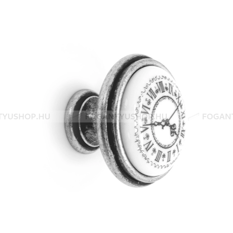 GIUSTI Gomb fogantyú - P7700Q2E8G - 1 furatos - Fehér belo, Antik ezüst  - Zamak fém ötvözet, Porcelán - Porcelán, porcelánnal kombinált antikolt fém gombfogantyú