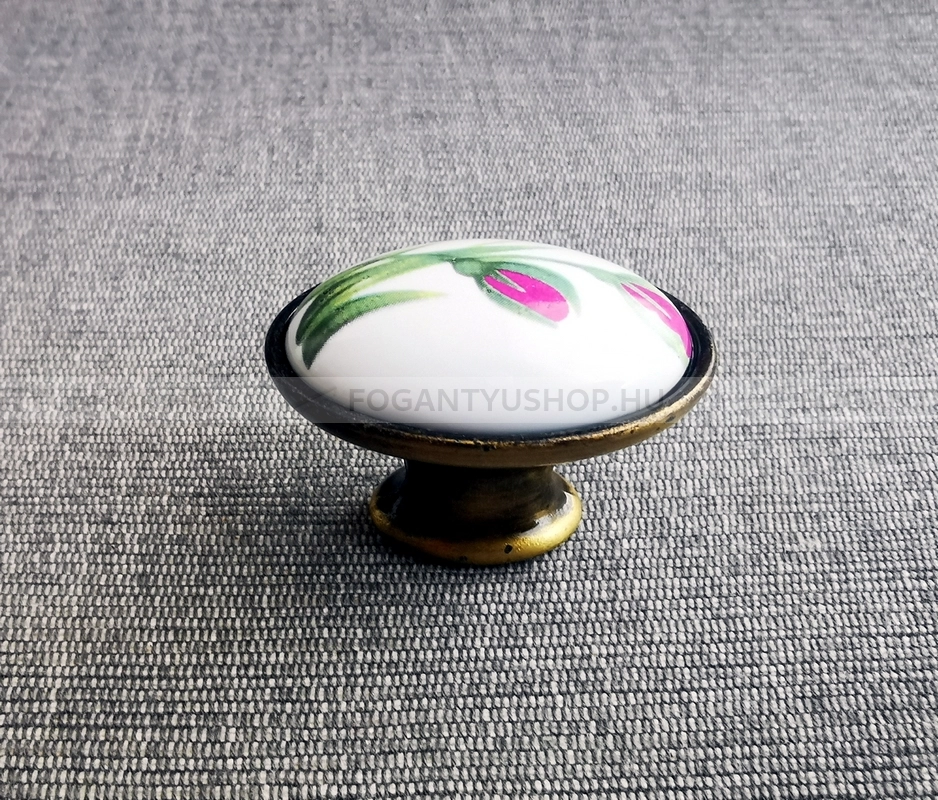 TOMURCUK Bútorgomb - 3025 tulipános - 1 furatos - Festett fehér WhiteL, Antik patina barna  - Zamak fém ötvözet, Porcelán - Porcelán, porcelánnal kombinált antikolt fém gombfogantyú
