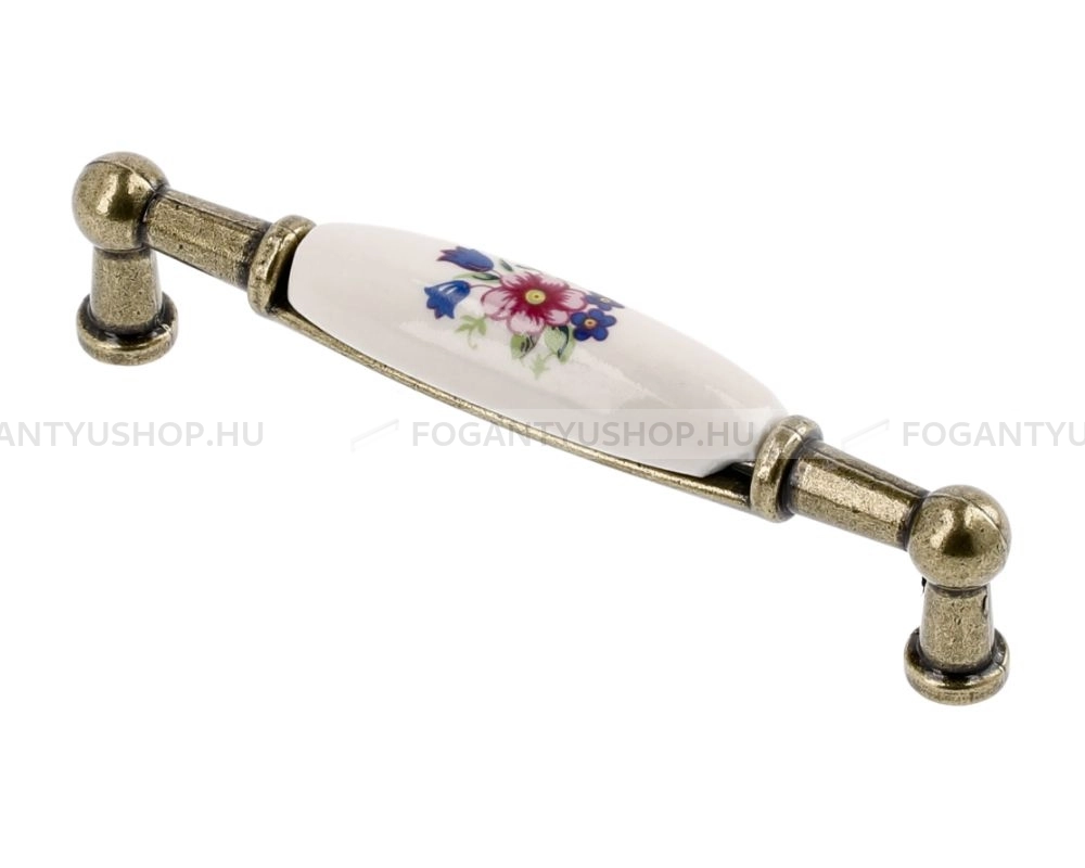 GTV Fogantyú - 96 UP WP0728 BR Antikolt Lila virág - furattáv 96 mm - Antik bronz - Lila virág - Zamak fém ötvözet, Porcelán - Porcelánnal kombinált antikolt fém bútorfogantyú