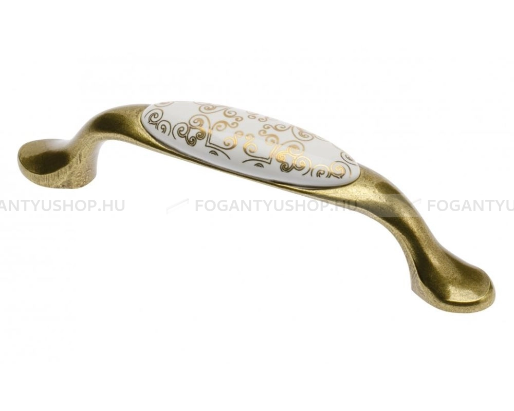 GTV Bútor fogantyú - 96 UP WP0728 PC 04 Antikolt - furattáv 96 mm - Antik bronz - Arany virágmintás - Zamak fém ötvözet, Porcelán - Porcelánnal kombinált antikolt fém bútorfogantyú